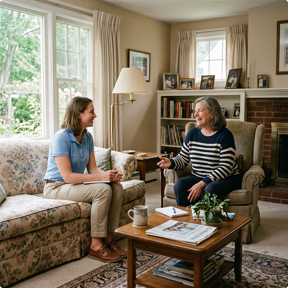 Two people talking in a cozy living room
